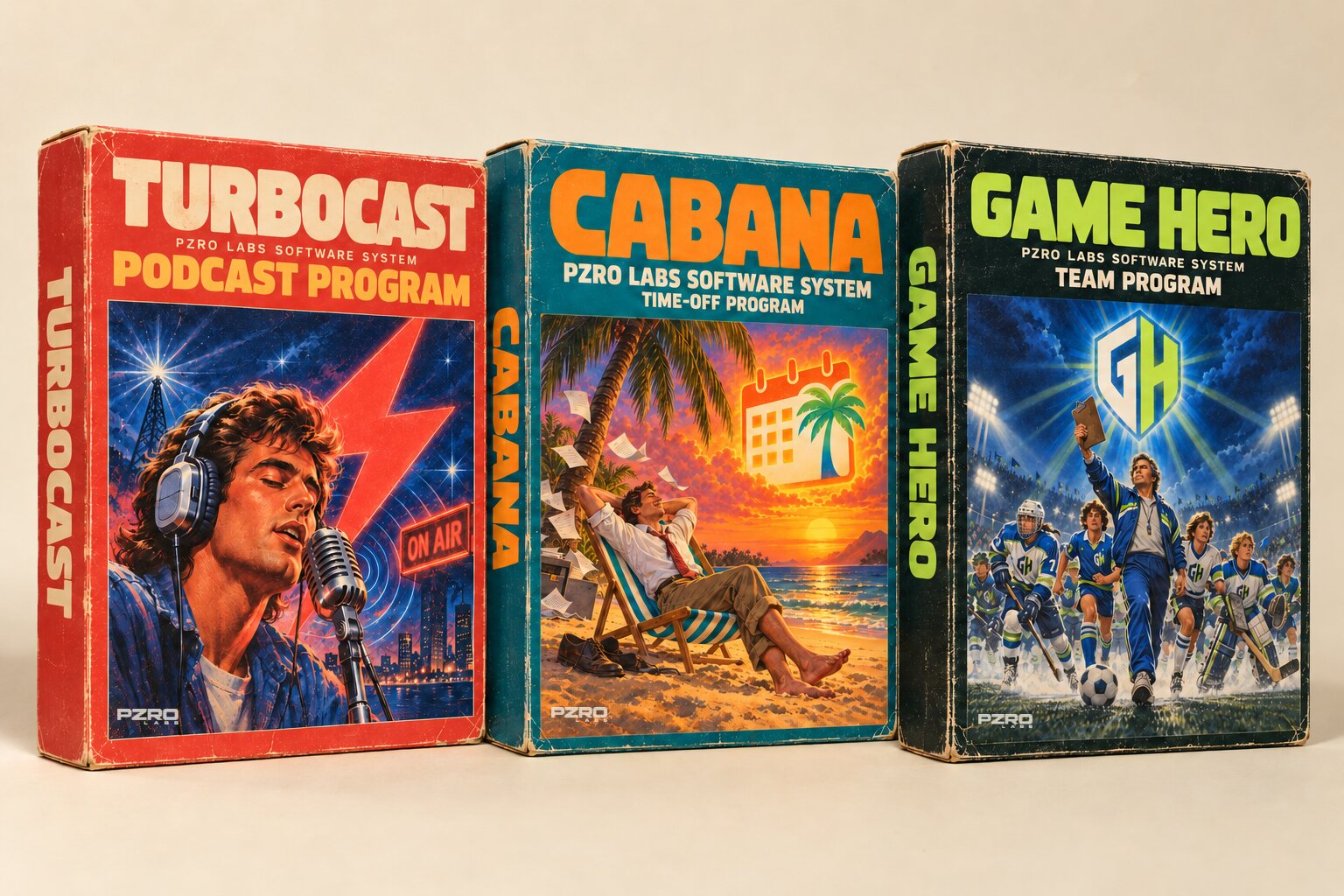 Three PZRO Labs software boxes in vintage game-box style: TurboCast, Cabana, and Game Hero